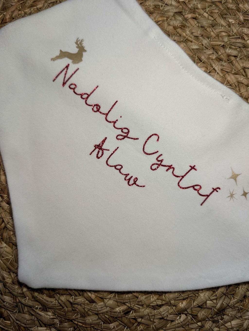 Personalized Welsh First Christmas Baby Bib – Reindeer & Stars