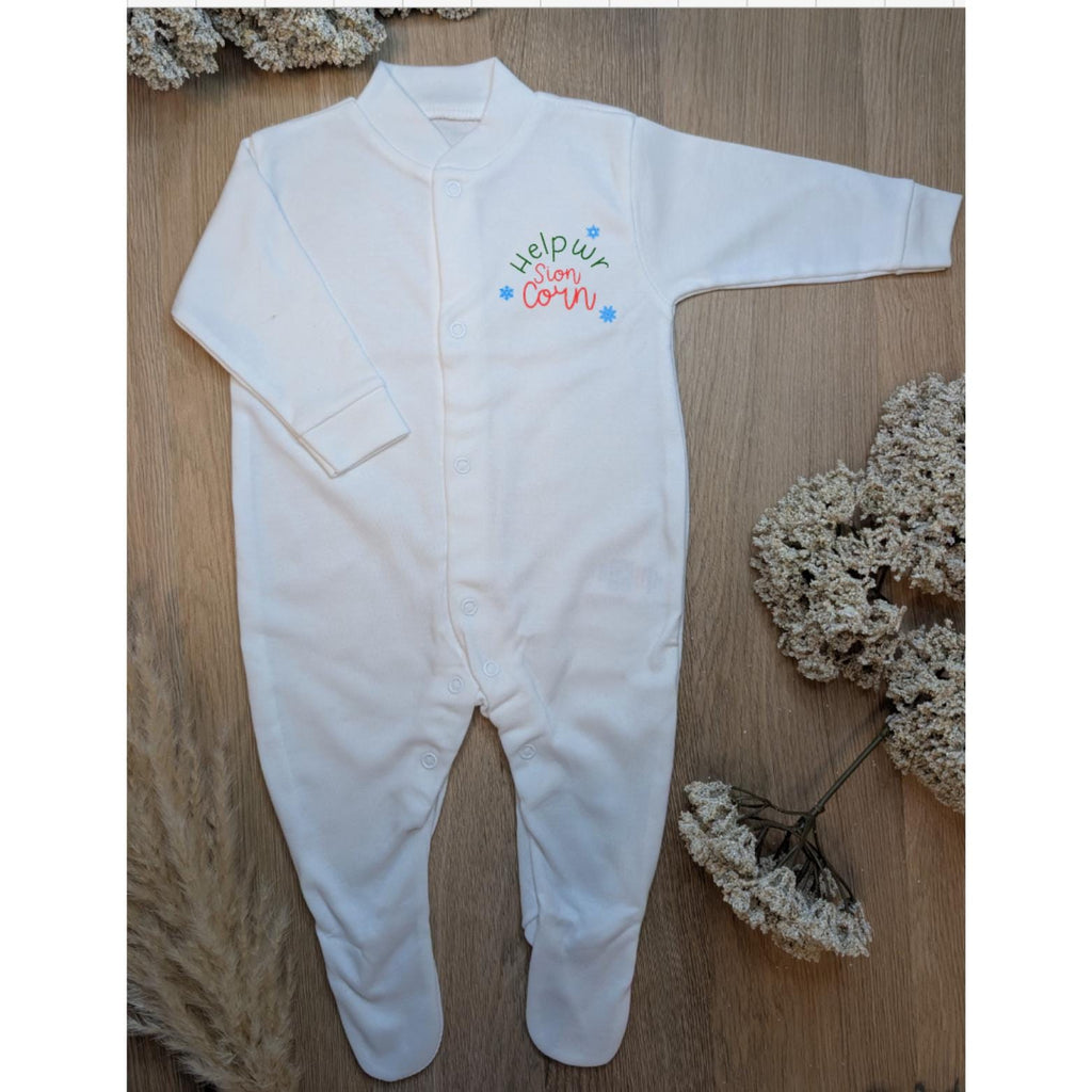 Personalised Welsh Christmas Babygrow – "Helpwr Siôn Corn" Cotton Sleepsuit