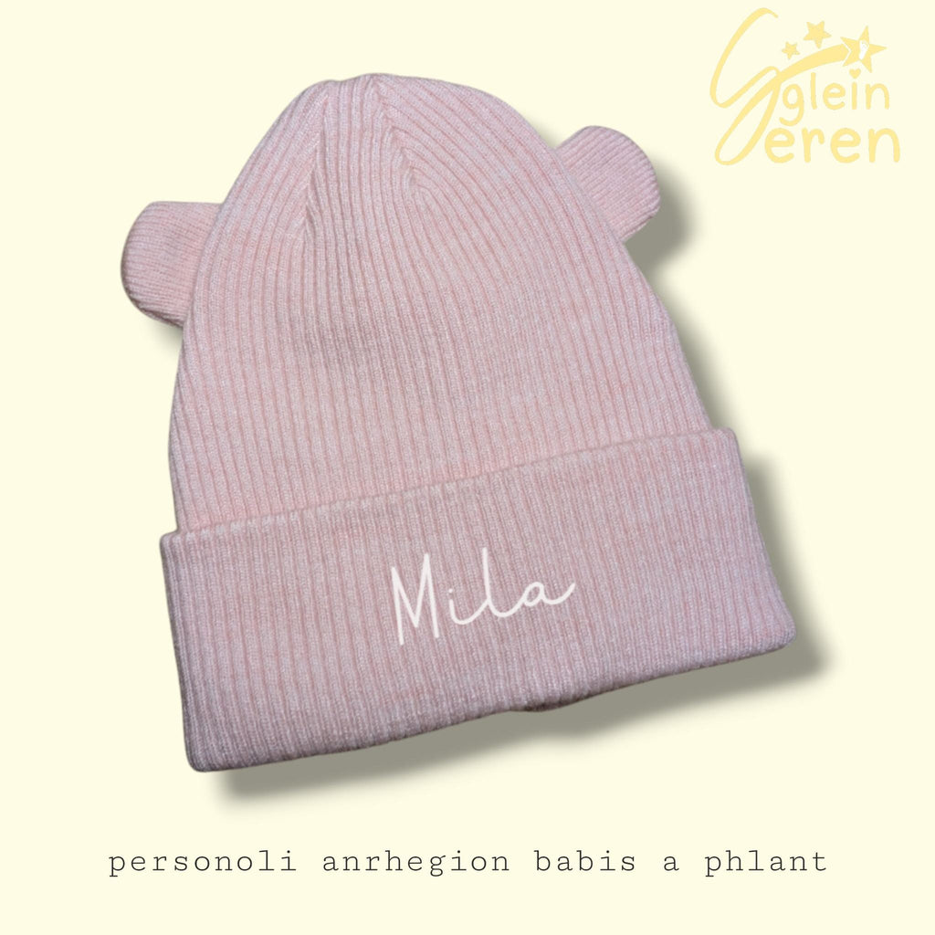 Personalized Baby Beanie with Bear Ears – Soft Pink Ribbed Knit