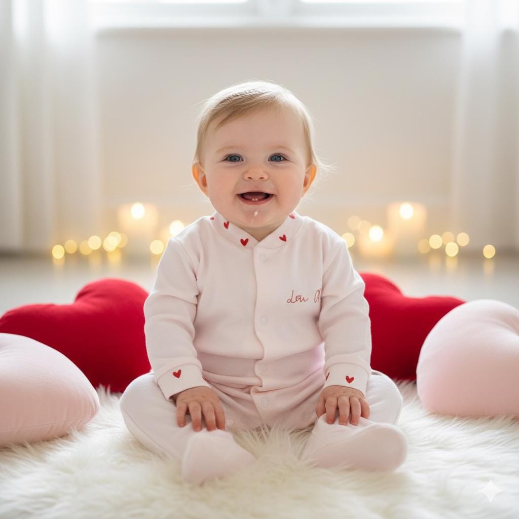 Personalised Baby Name Babygrow with Love Hearts – Custom Santes Dwynwen Sleepsuit, Baby Gift, Valentines Outfit