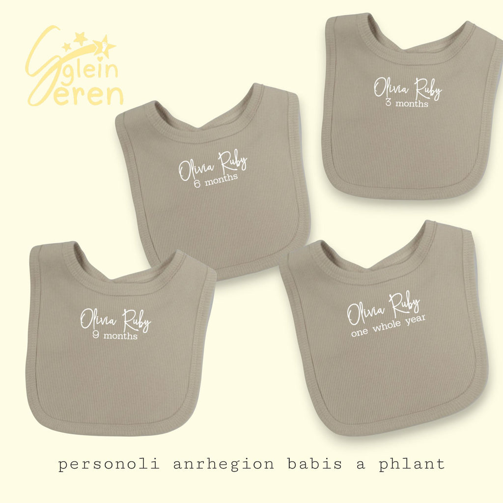 Personalised Baby Milestone Bib | Ribbed Beige | Custom Name & Month | Neutral Baby Gift