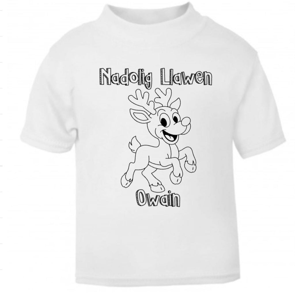 Kids “Colour-In” Christmas T-Shirt – Nadolig Llawen – Personalised Name Tee