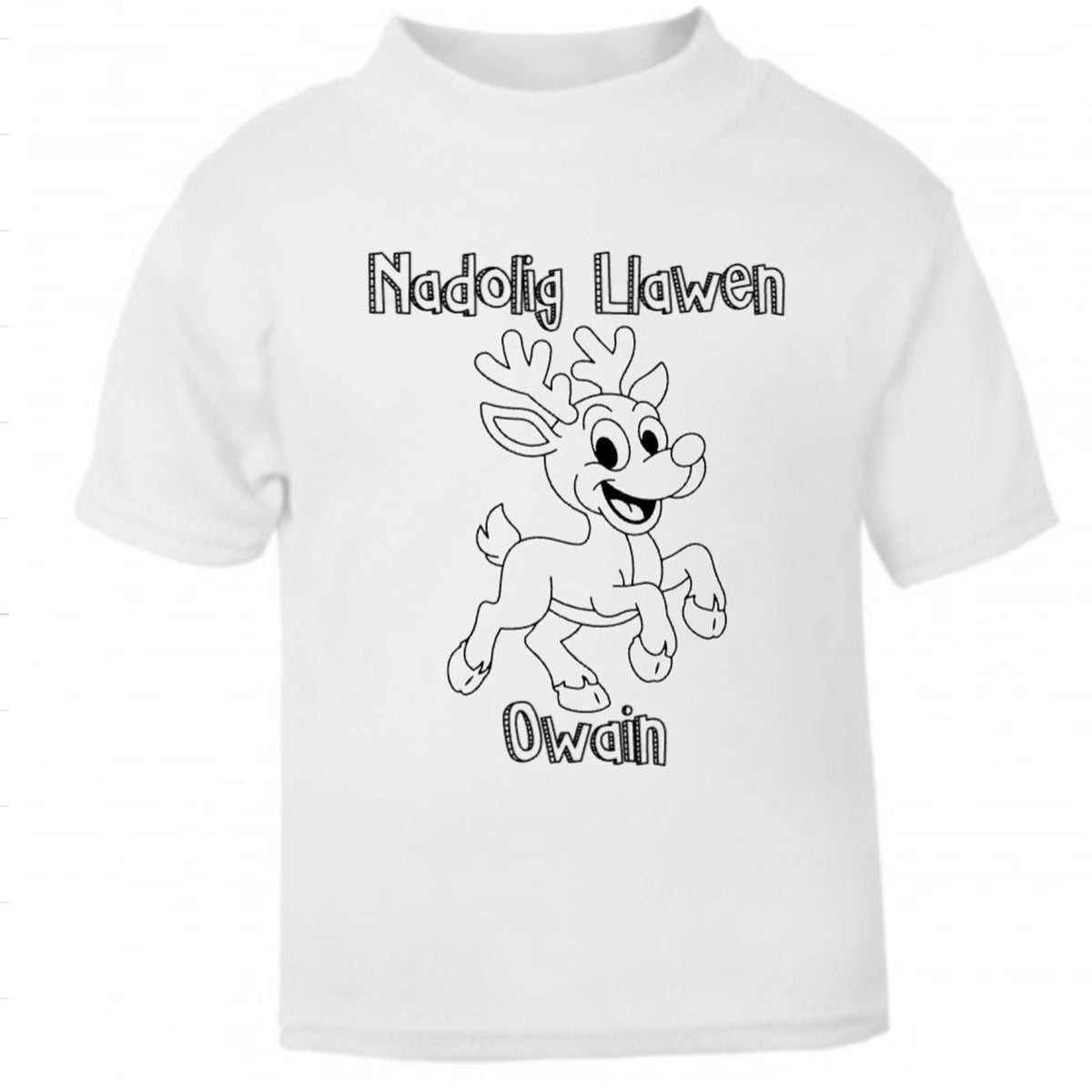 Kids “Colour-In” Christmas T-Shirt – Nadolig Llawen – Personalised Name Tee