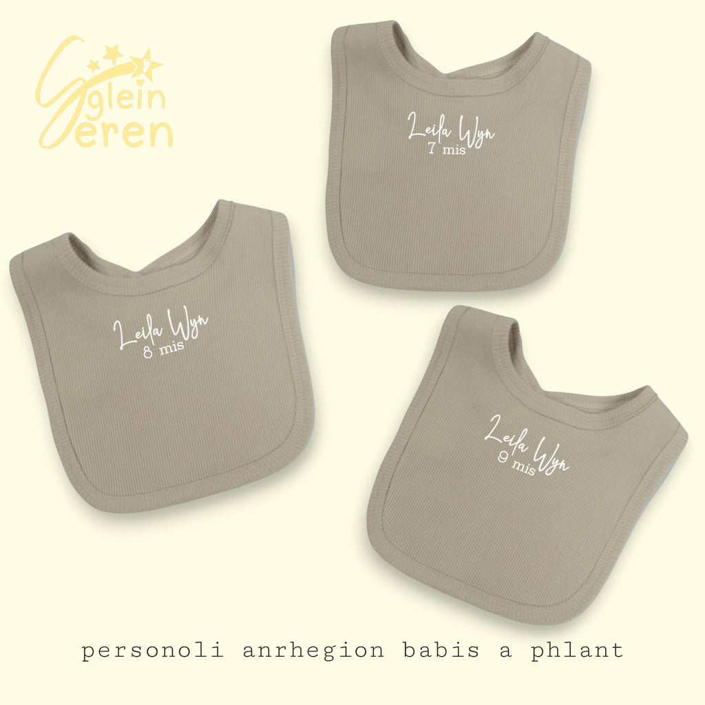 Personalised Welsh Milestone Baby Bibs | Ribbed Beige Bib | “Mis” Month Bib | Newborn Gift | Set of 3 or 4 Available