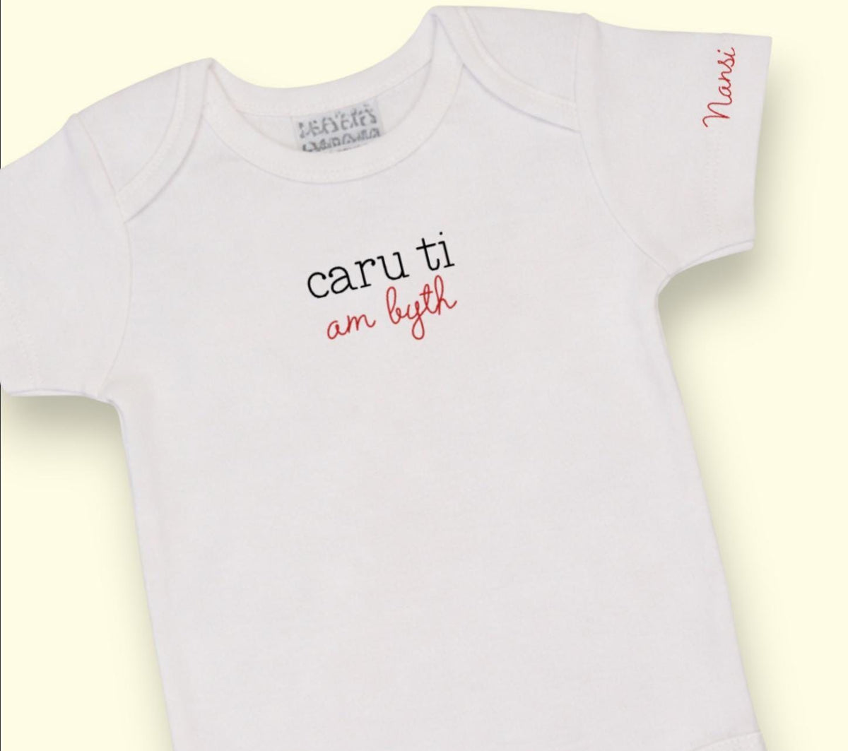 Personalised Welsh Baby Vest “Caru Ti Am Byth” | Santes Dwynwen Baby Gift - Name on Sleeve