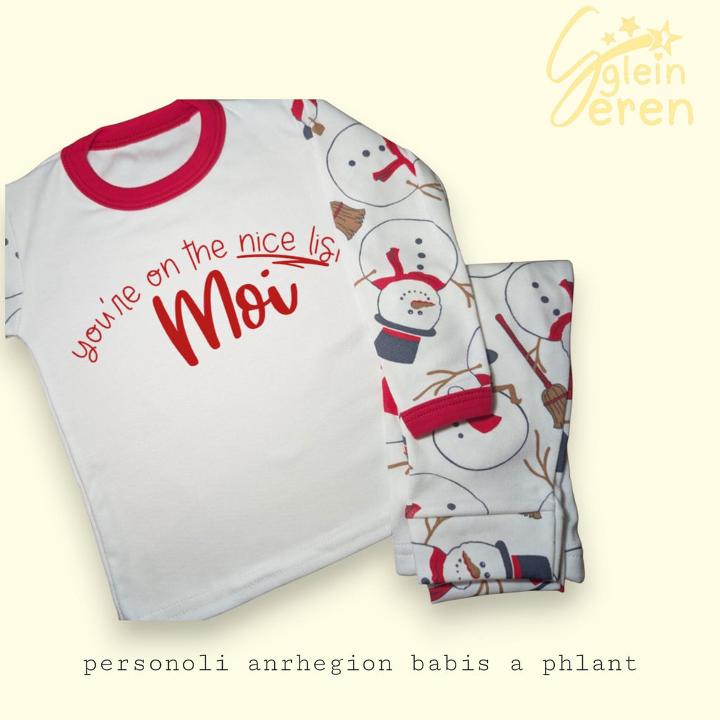 Personalised Welsh/English Christmas Pyjamas – Nice List – Snowman Print Kids Set