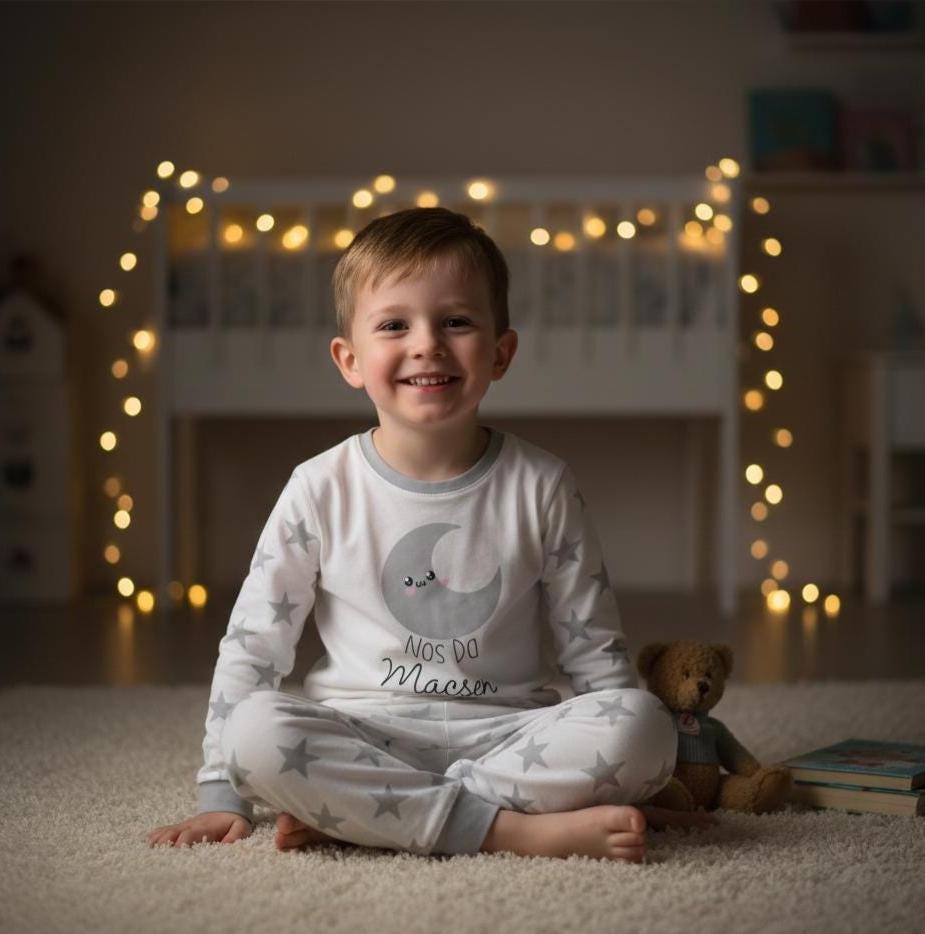 Personalised Welsh Pyjamas for Kids | “Nos Da” Pyjama Set | Custom Name Children’s Sleepwear | Cute Moon Design