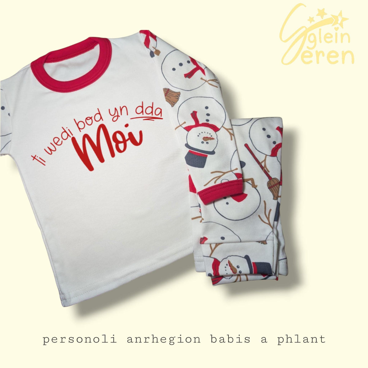 Personalised Welsh/English Christmas Pyjamas – Nice List – Snowman Print Kids Set