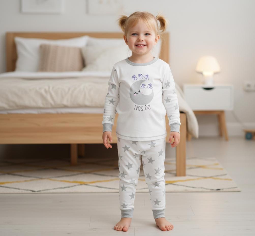 Welsh BSL Children’s Pyjamas | “Nos Da” Kids PJs | Sign Language Nightwear | Unisex Toddler Sleepwear