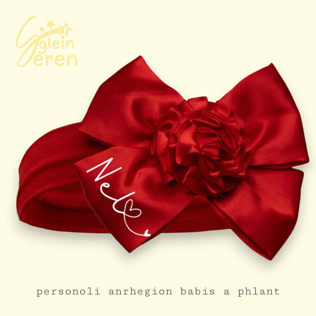 Personalised Baby Headband with Name – Red Bow & Flower Hairband, Welsh Baby Gift, Newborn Photo Prop, Baby Girl Accessory