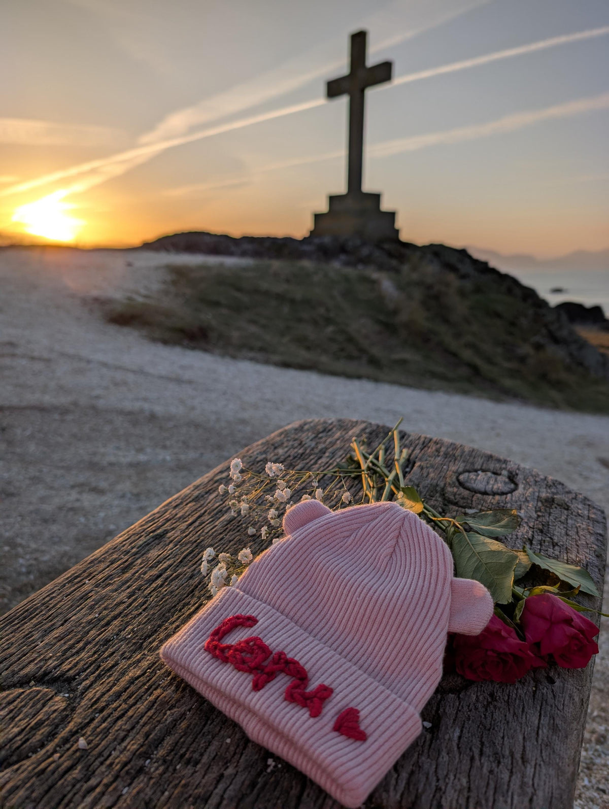 Santes Dwynwen Baby Hat – Hand Embroidered “Caru” | Welsh Love Beanie