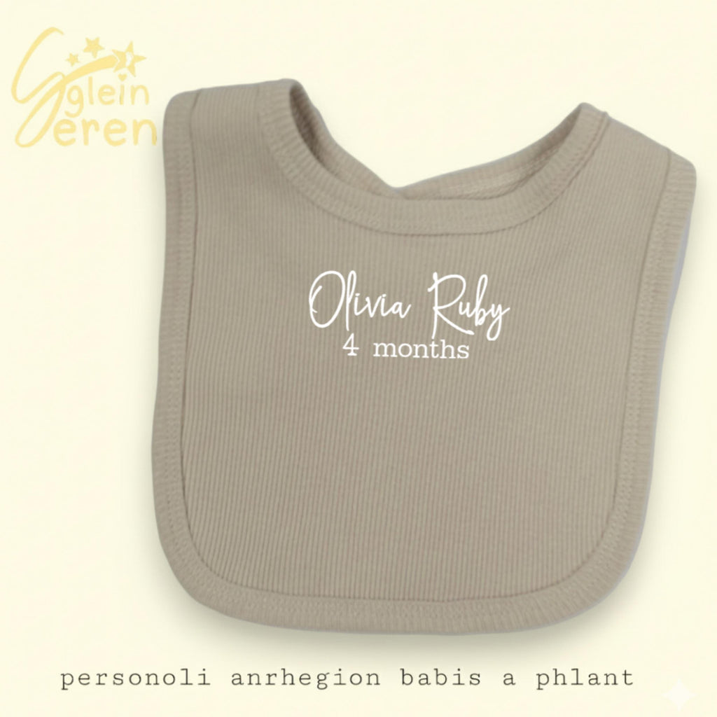 Personalised Baby Milestone Bib | Ribbed Beige | Custom Name & Month | Neutral Baby Gift