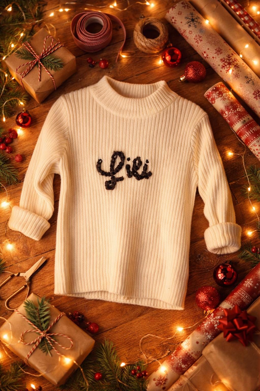 Personalised Baby & Kids Jumper – Handmade Embroidered Name – Cream Ribbed Knit Sweater