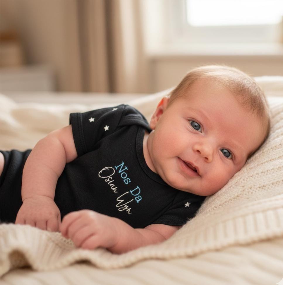 Personalised Welsh Nos Da Baby Grow | Baby Vest | Bedtime Outfit | Blue and White or Pink and White Text