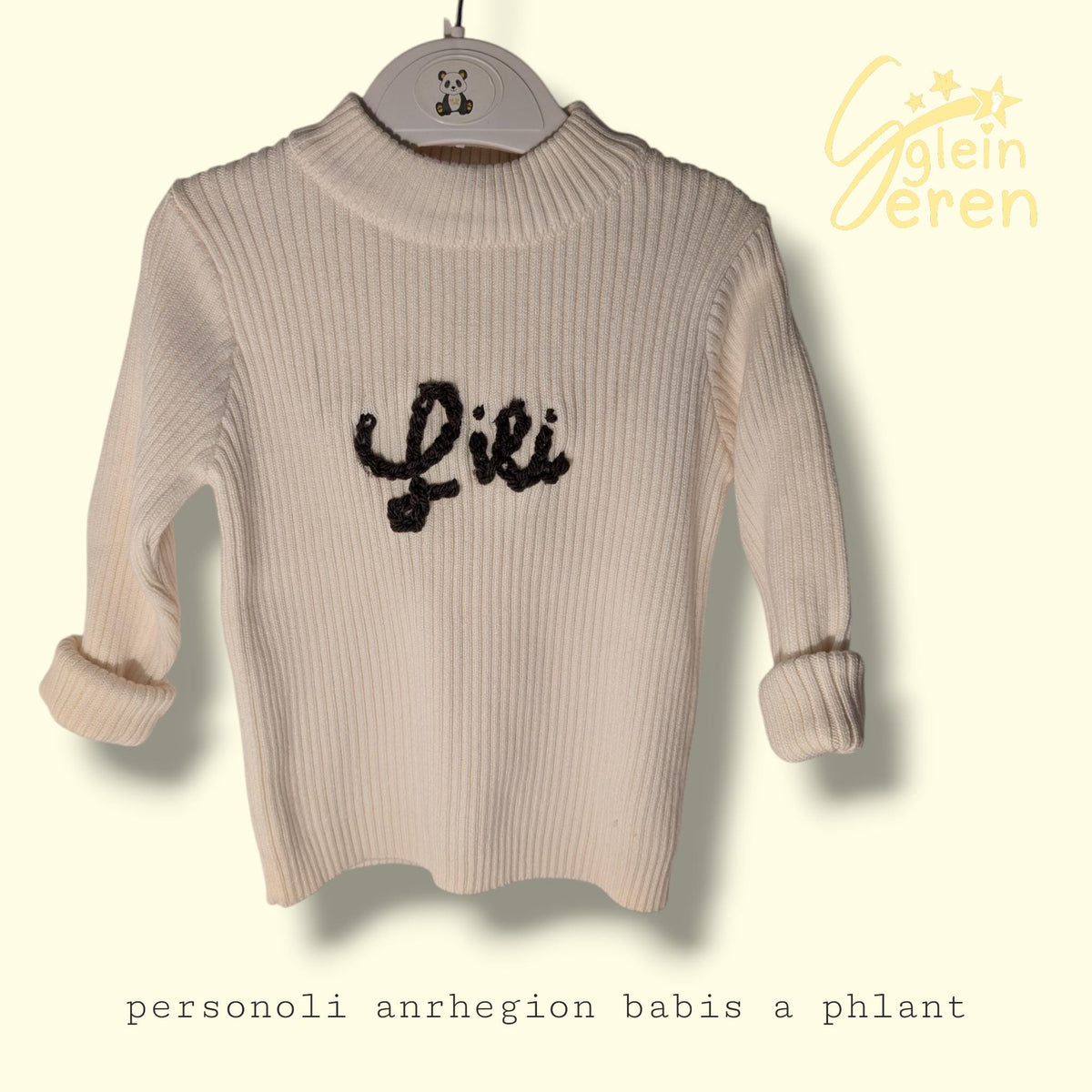 Personalised Baby & Kids Jumper – Handmade Embroidered Name – Cream Ribbed Knit Sweater