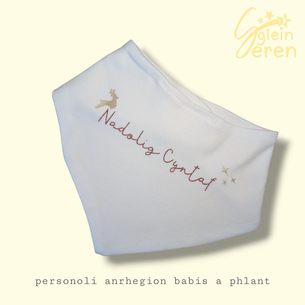 Personalized Welsh First Christmas Baby Bib – Reindeer & Stars