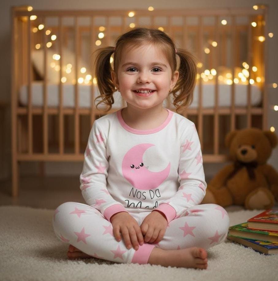 Personalised Welsh Pyjamas for Kids | “Nos Da” Pyjama Set | Custom Name Children’s Sleepwear | Cute Moon Design