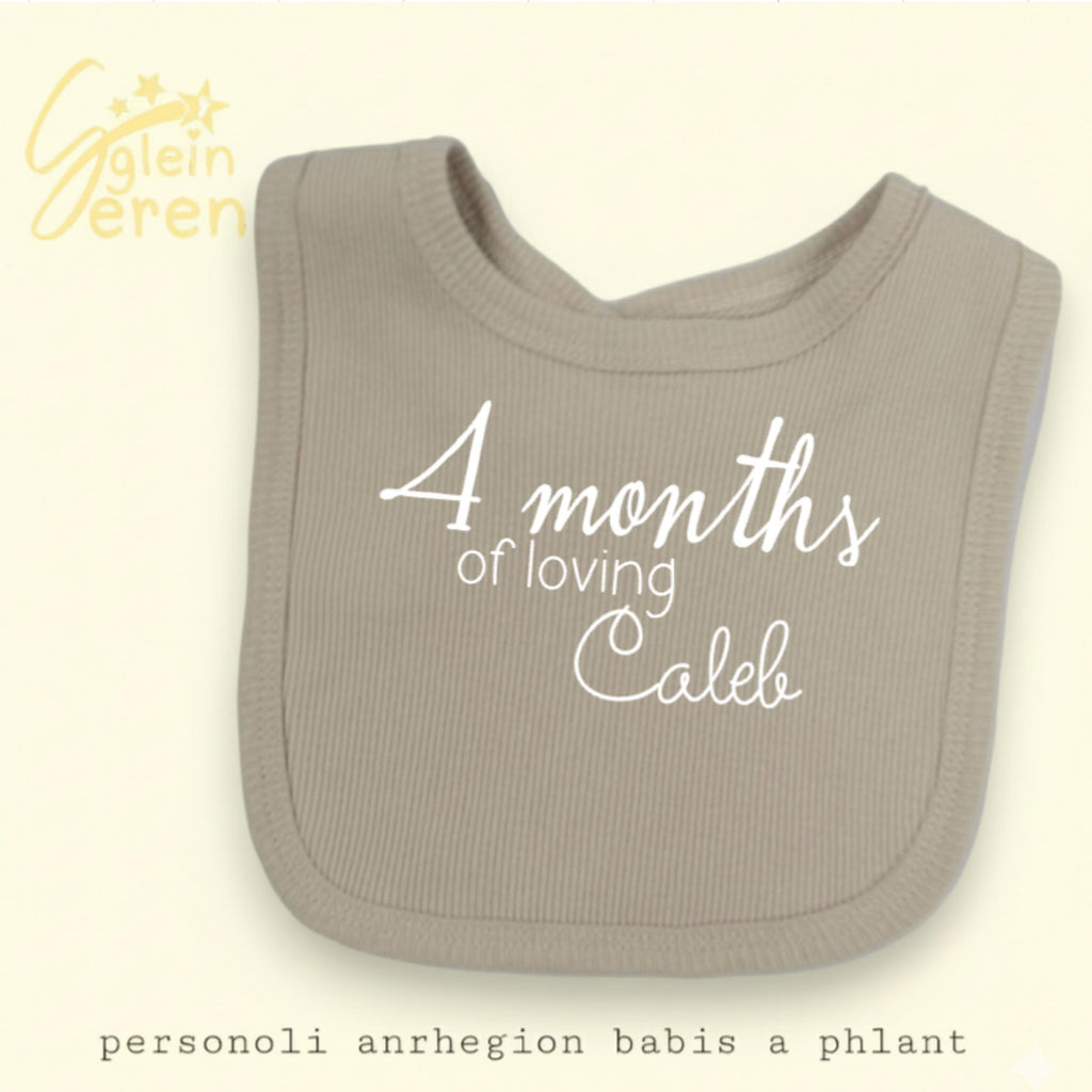 Personalised Baby Milestone Bib | Ribbed Beige | Custom Name & Age | Available Individually or as a Set of 3/4