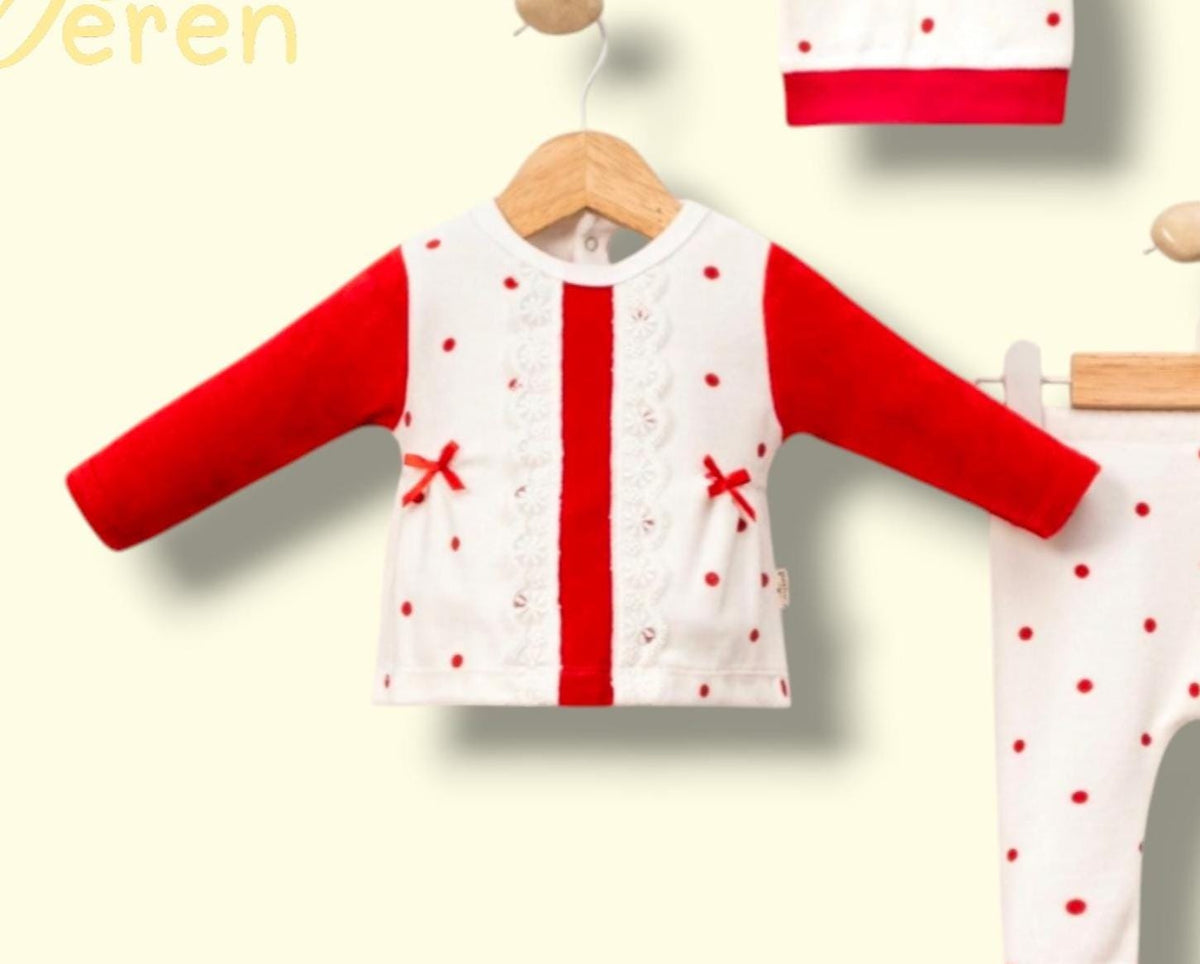 Baby Girl Outfit Set with Hat – Red & White Polka Dot Top and Leggings, New Baby Gift