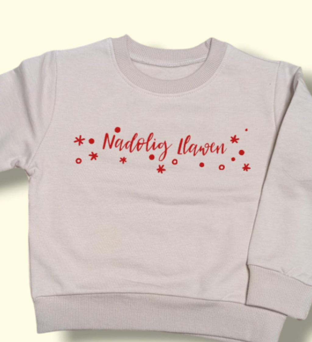 Nadolig Llawen Kids Jumper – Welsh Christmas Sweatshirt with Red Stars – Festive Holiday Top