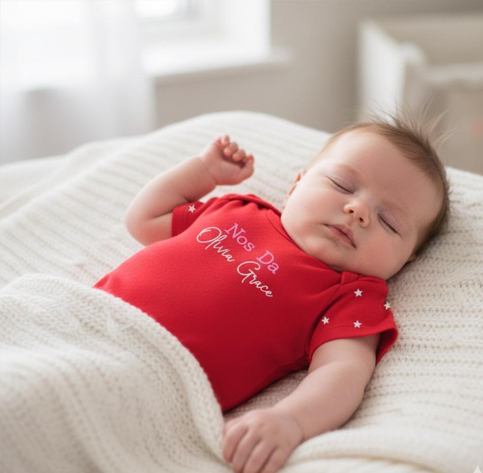 Personalised Welsh “Nos Da” Baby Vest | Custom Name Baby Grow | Bedtime Baby Outfit