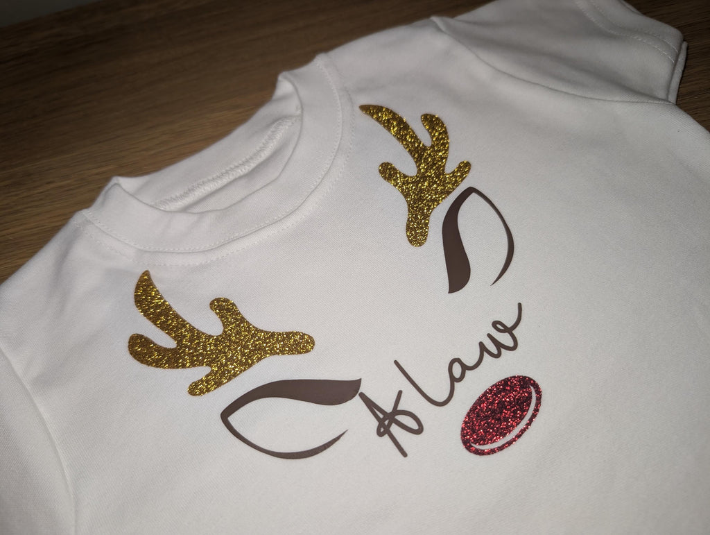 Personalized Reindeer Christmas T-Shirt – Glitter Antlers, Custom Name