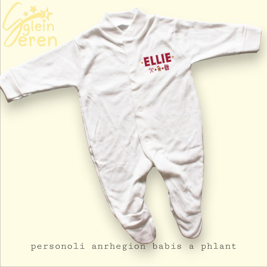 Personalised Baby Sleepsuit – Christmas Gift with Red Name & Icons