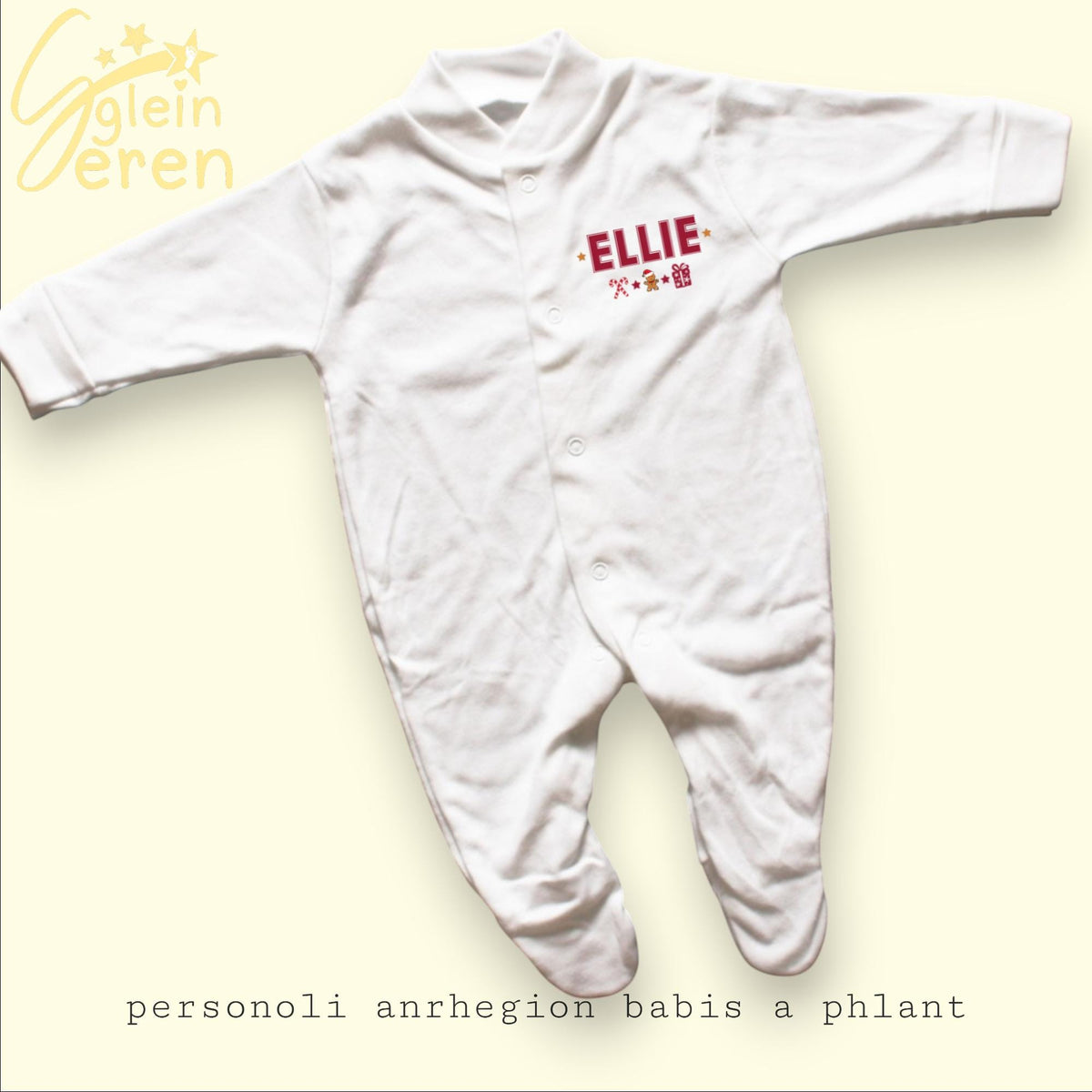 Personalised Baby Sleepsuit – Christmas Gift with Red Name & Icons
