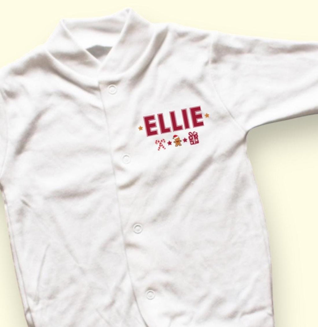 Personalised Baby Sleepsuit – Christmas Gift with Red Name & Icons
