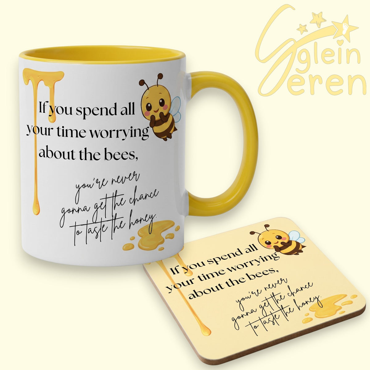 "Taste The Honey" Bumblebee Mug & Coaster Gift Set – Two-Tone Yellow Cup & MDF Coaster