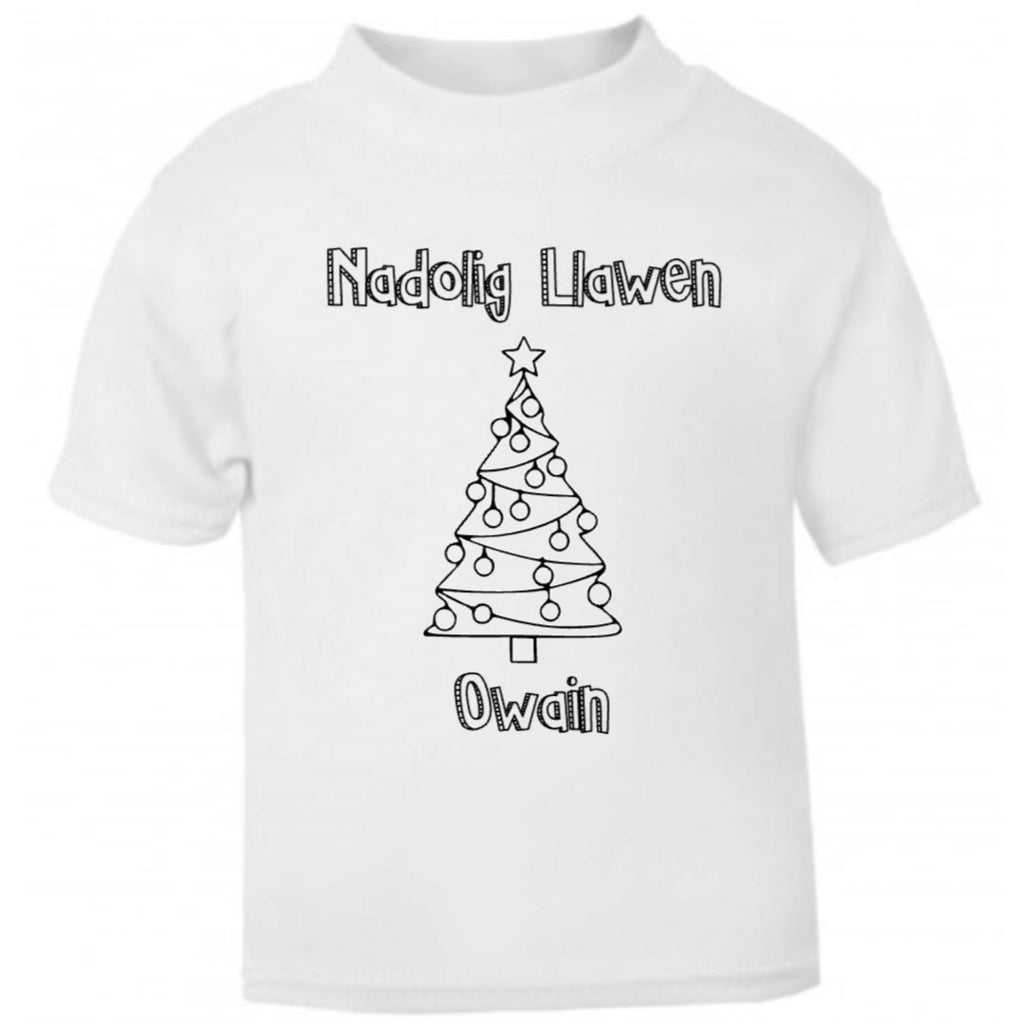 Kids “Colour-In” Christmas T-Shirt – Nadolig Llawen – Personalised Name Tee