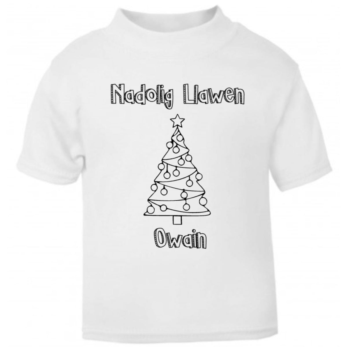 Kids “Colour-In” Christmas T-Shirt – Nadolig Llawen – Personalised Name Tee