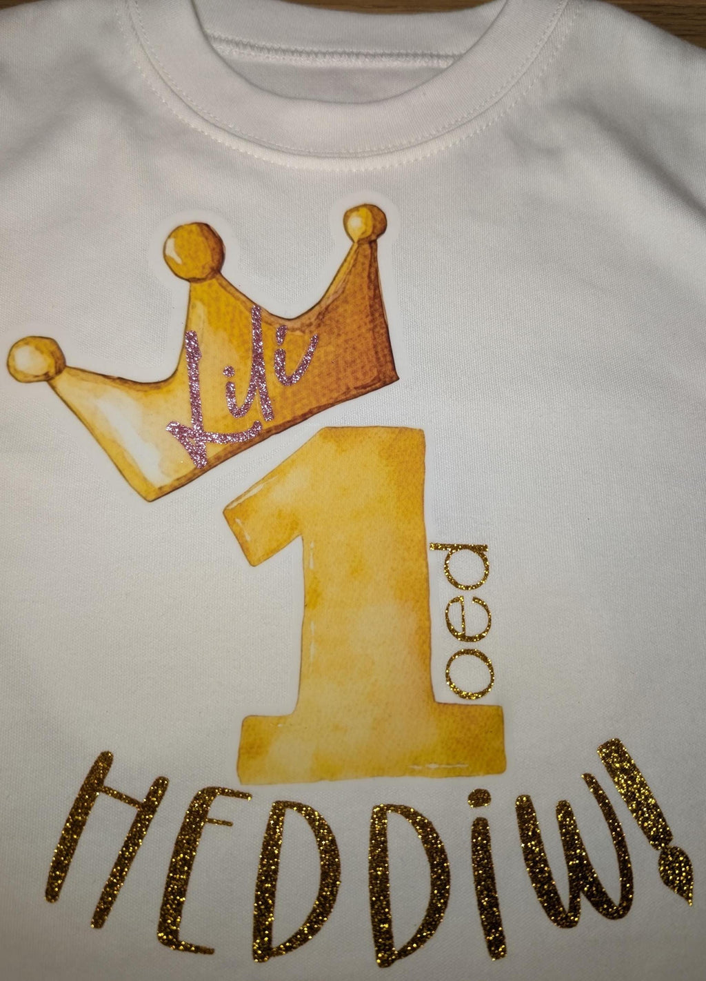 Personalized 1st Birthday T-Shirt – Gold Glitter Crown, Welsh Shirt