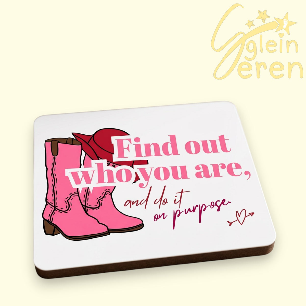 Dolly Parton Inspired MDF Coaster – "Find Out Who You Are" Pink Cowgirl Boots Drink Coaster (9x9 cm)