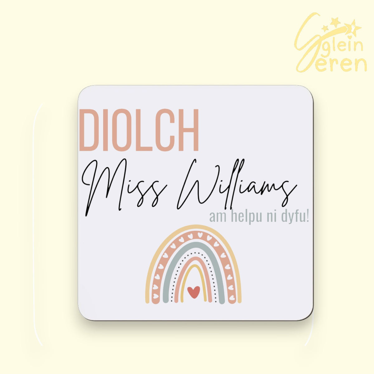 Personalized Welsh Teacher Gift Coaster – "Diolch... Am Helpu Ni Dyfu" | Custom Class Teacher, TA, Nursery Boho Rainbow Present,