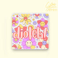 "Diolch!" Welsh Language Coaster – Retro Floral & Smiley Face Design