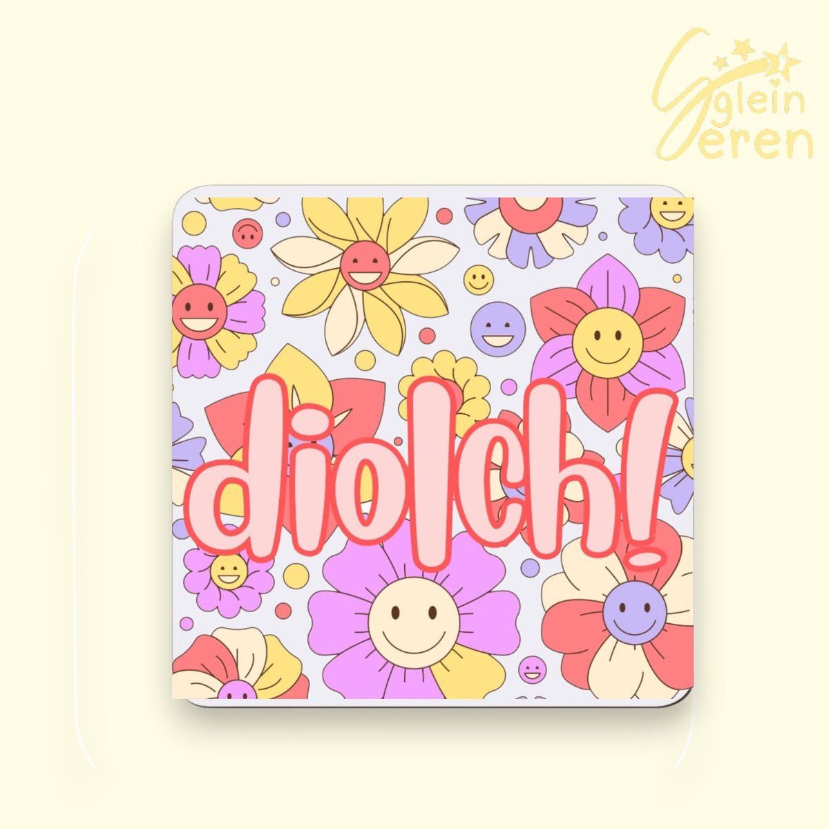 "Diolch!" Welsh Language Coaster – Retro Floral & Smiley Face Design