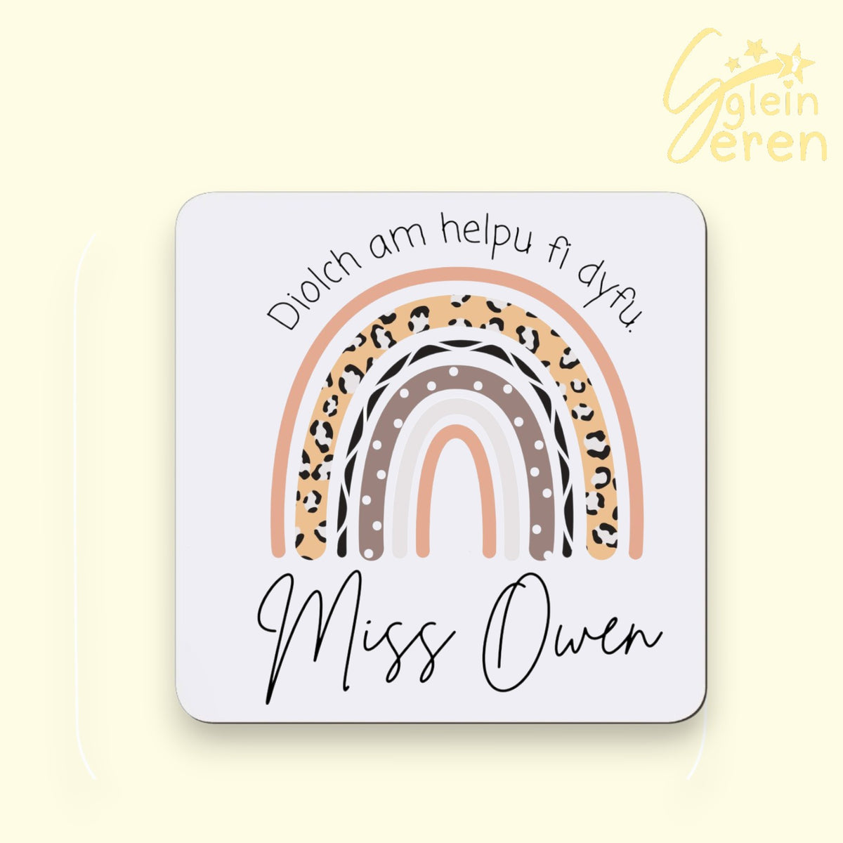 Personalized Welsh Teacher Gift Coaster – "Diolch Am Helpu Fi Dyfu" | Boho Rainbow Custom Teacher, TA, or Nursery Present, Welsh Language Gifts