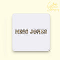 Personalized Leopard Print Name Coaster – Custom Teacher Gift | Animal Print Initial Desk Accessory, Welsh Custom Name Present, Cute Coaster for Her
