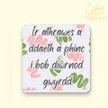 Sentimental Welsh Teacher Gift Coaster – "I'r Athrawes..." | Pink and Green Abstract Painted Design, Welsh Language Female Teacher Thank You Present