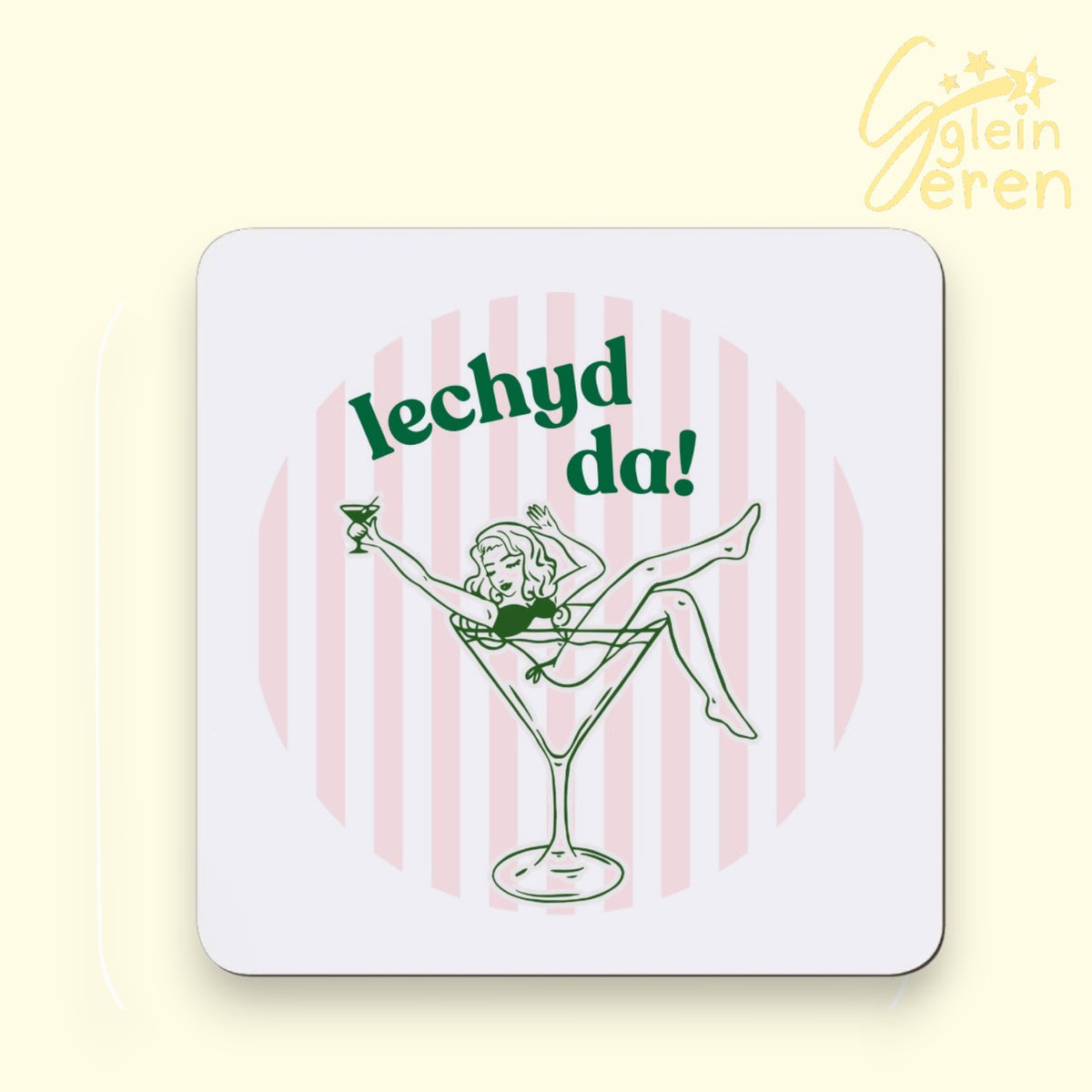 Retro Welsh Cheers Coaster – "Iechyd Da!" Cocktail Pin-Up Design | Fun Welsh Language Bar Decor, Cocktail Lover Gift, Housewarming Present