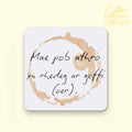 Funny Welsh Teacher Gift Coaster – "Mae Pob Athro Yn Rhedeg Ar Goffi Oer" | Coffee Ring Stain Design, Funny Welsh Language Male Teacher Thank You Present, Coffee Lover Gift