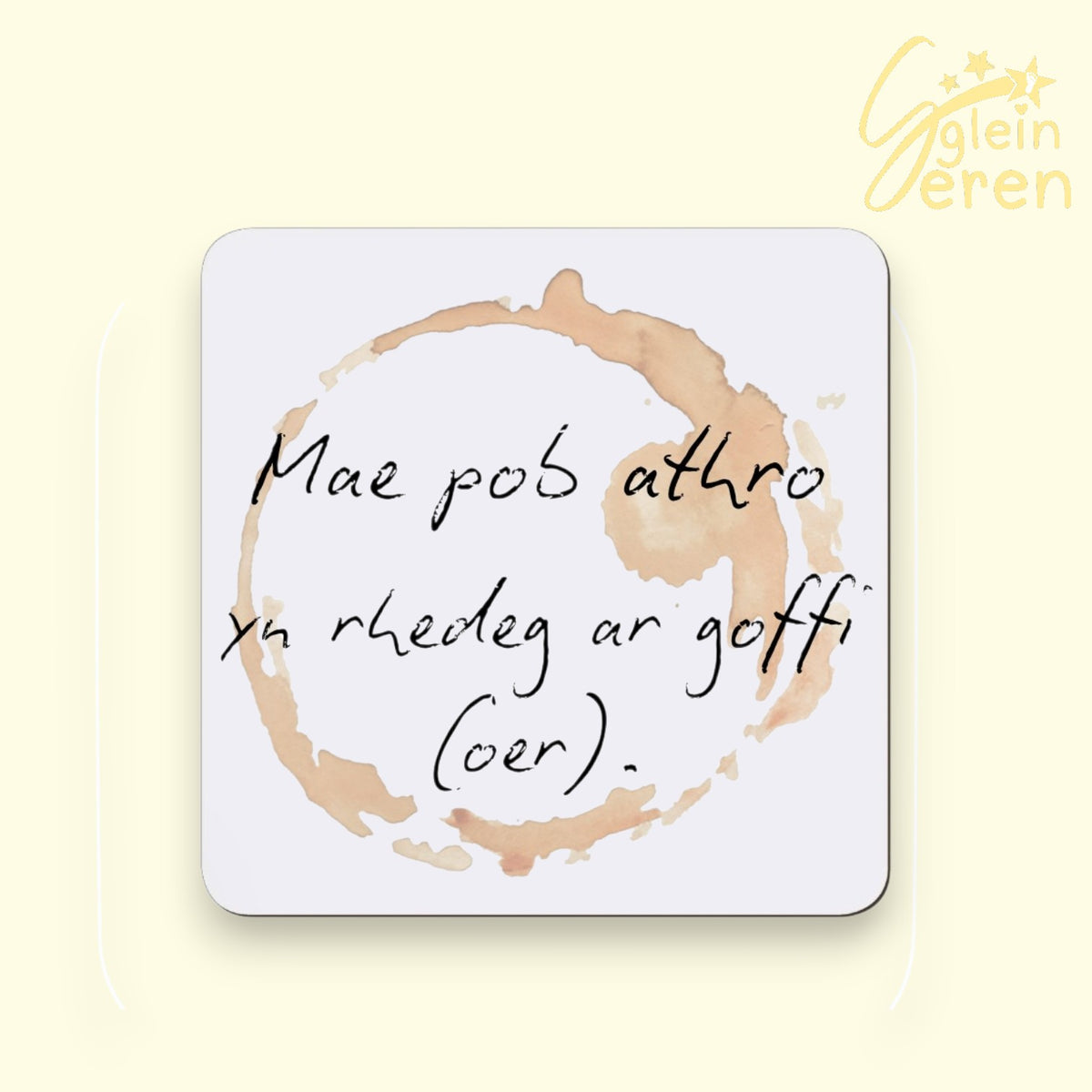 Funny Welsh Teacher Gift Coaster – "Mae Pob Athro Yn Rhedeg Ar Goffi Oer" | Coffee Ring Stain Design, Funny Welsh Language Male Teacher Thank You Present, Coffee Lover Gift