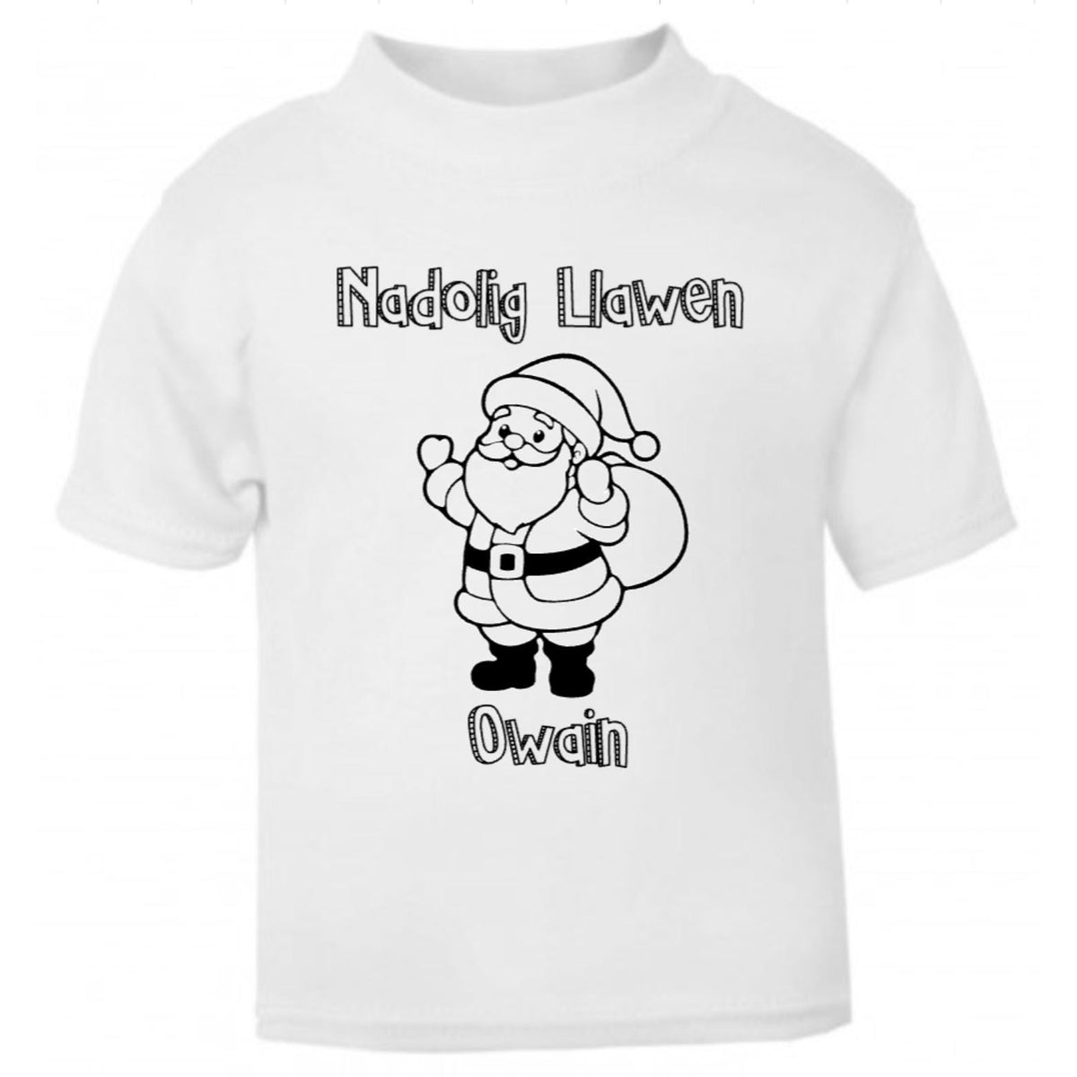 Kids “Colour-In” Christmas T-Shirt – Nadolig Llawen – Personalised Name Tee