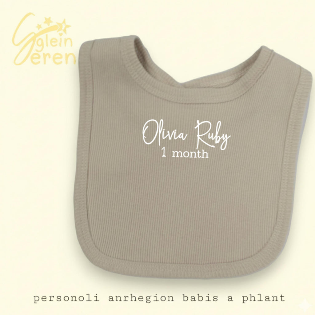 Personalised Baby Milestone Bib | Ribbed Beige | Custom Name & Month | Neutral Baby Gift