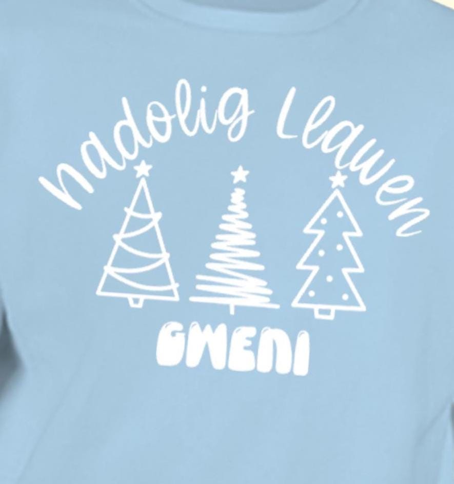 Nadolig Llawen Kids Jumper – Name Sweatshirt with Xmas Trees – Welsh Christmas Jumper