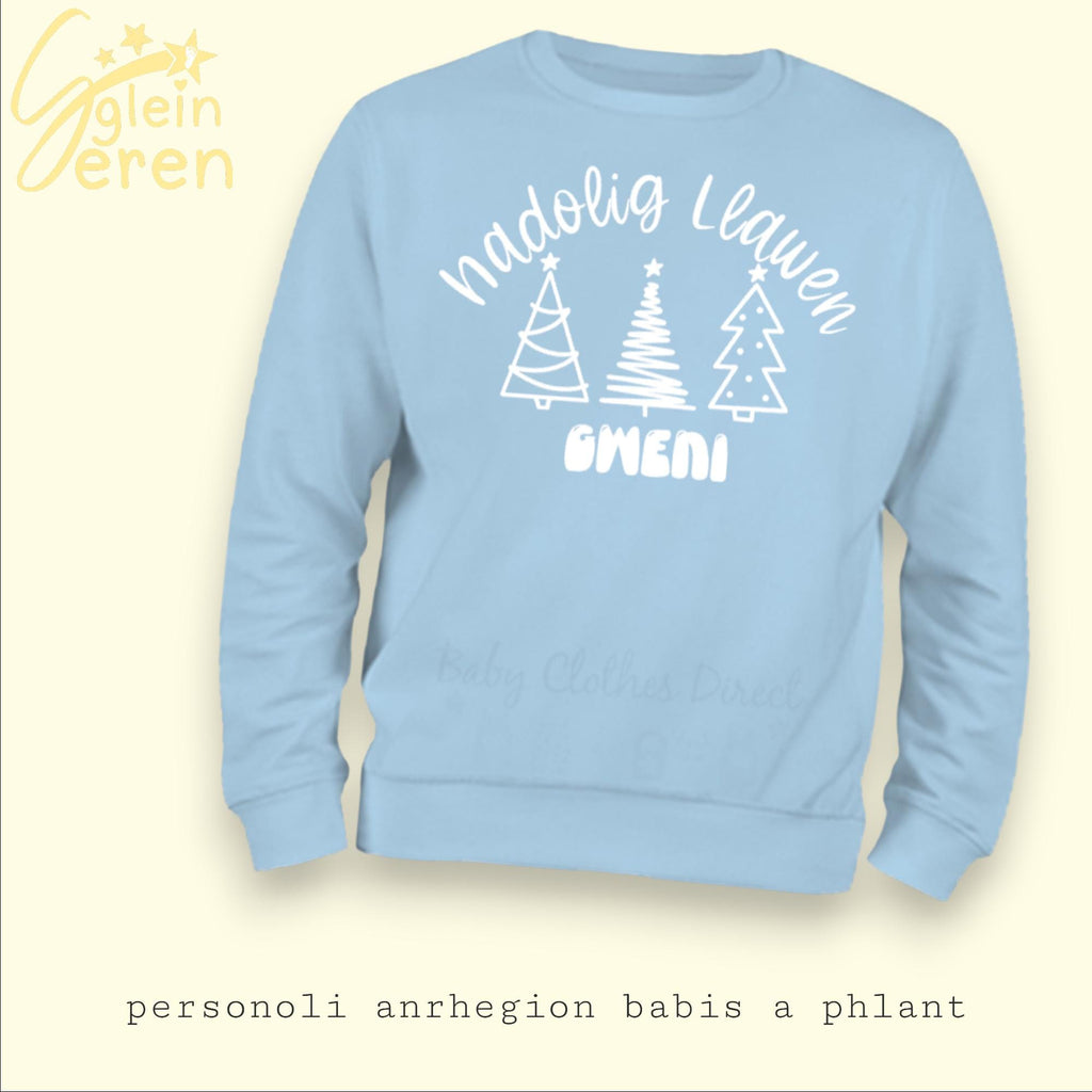 Nadolig Llawen Kids Jumper – Name Sweatshirt with Xmas Trees – Welsh Christmas Jumper