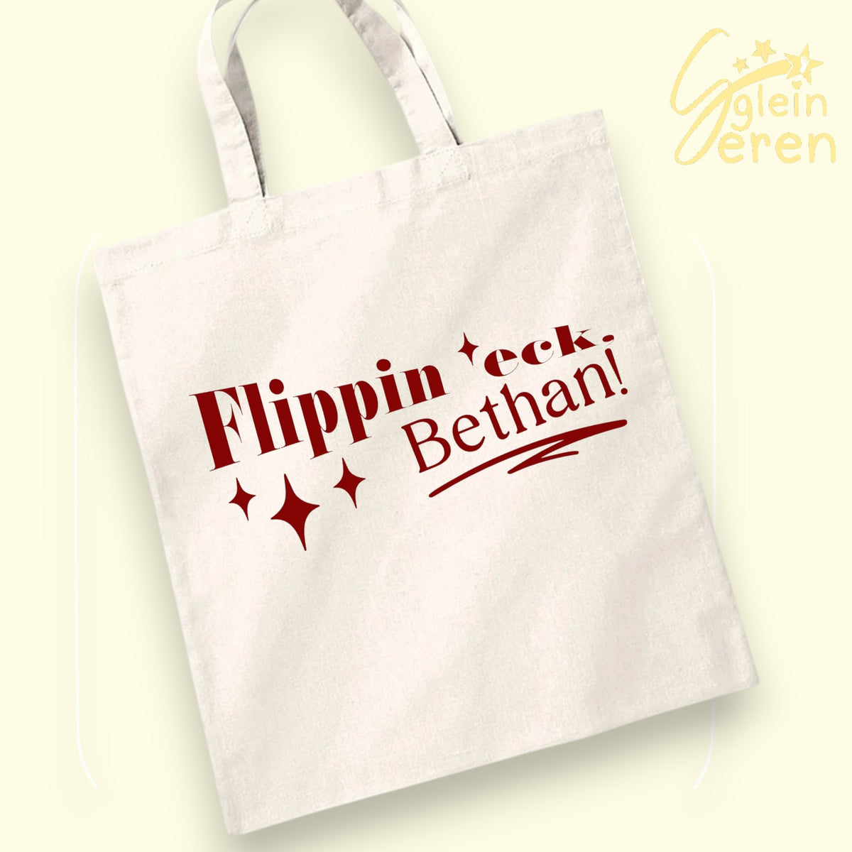 Bag Tote "Flippin 'eck Bethan!" Natural/Coch – Casgliad Ibiza Ibiza (HTV)