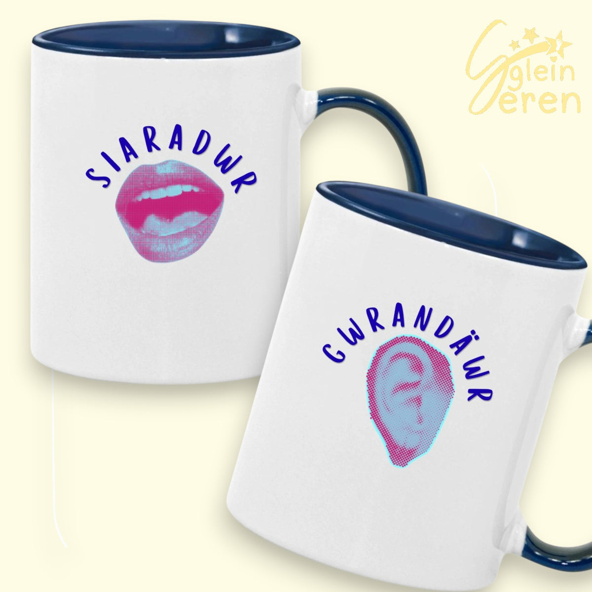 Welsh "Siaradwr" & "Gwrandawr" Pop Art Couples Mug Set – Speaker & Listener Two-Tone Mugs