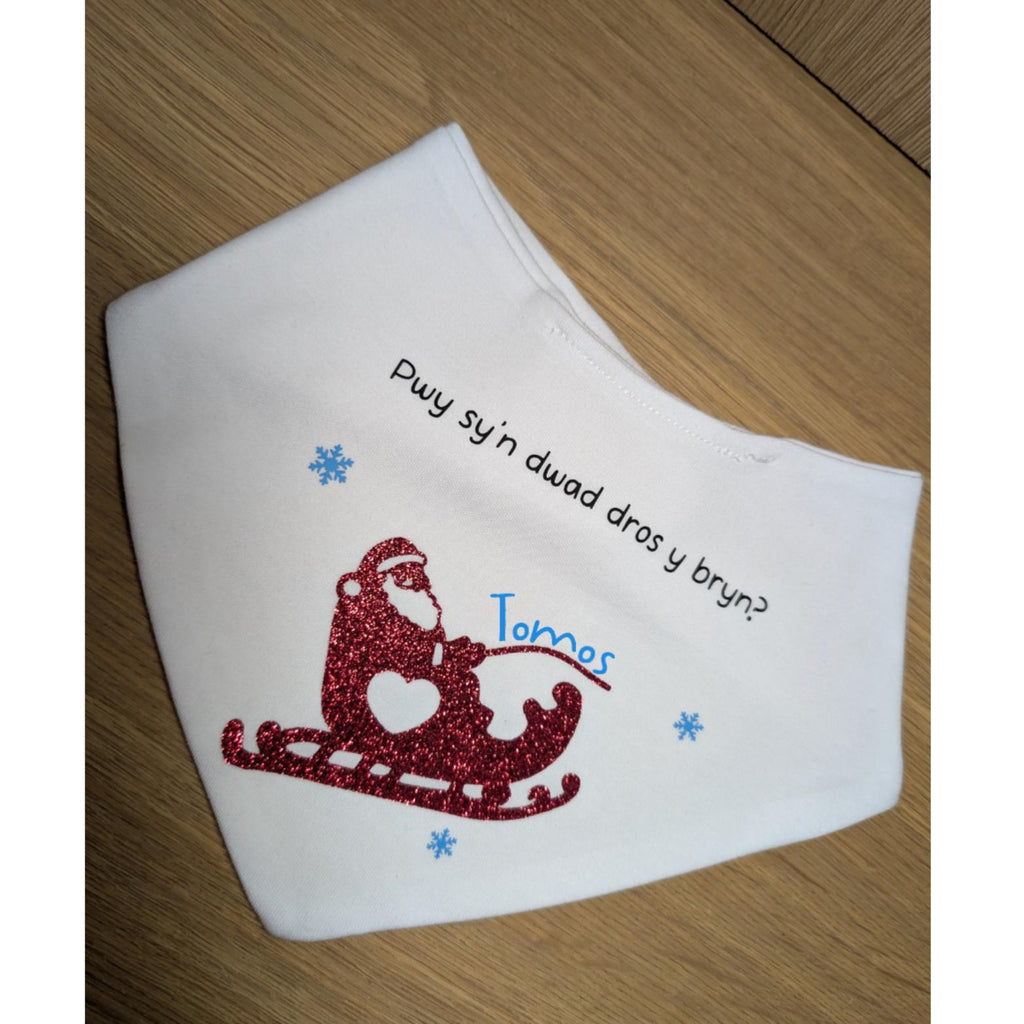 Personalised Welsh Christmas Baby Bib – Glitter Santa Sleigh, Cotton Bandana bib